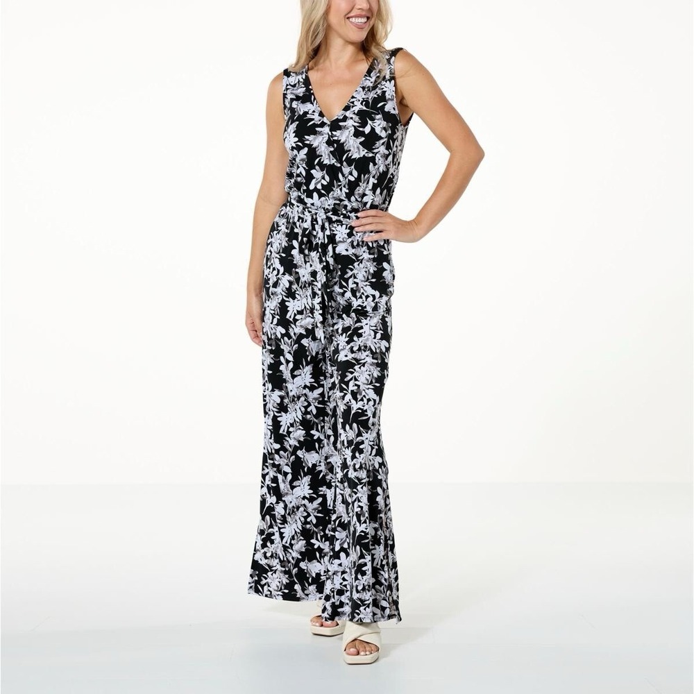 C Wonder by Christian Siriano Wide Leg Knit Jumpsuit Black Print S Tall